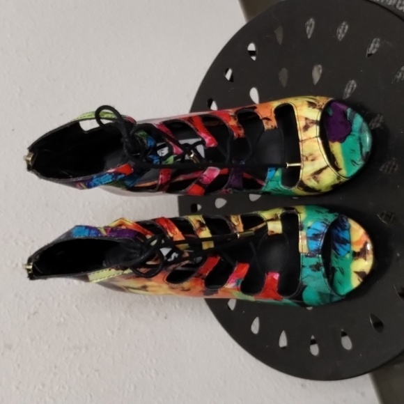Steve Madden Cythiaa Multi-Color Open Toe Lace Up Heels Sz 5.5 M Beautful - Picture 3 of 15